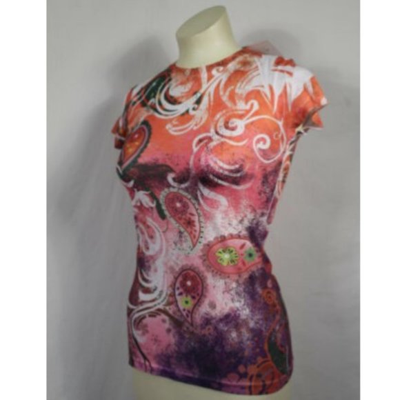 Maya Orange Purple Graphic Paisley Tee Small - Picture 3 of 5